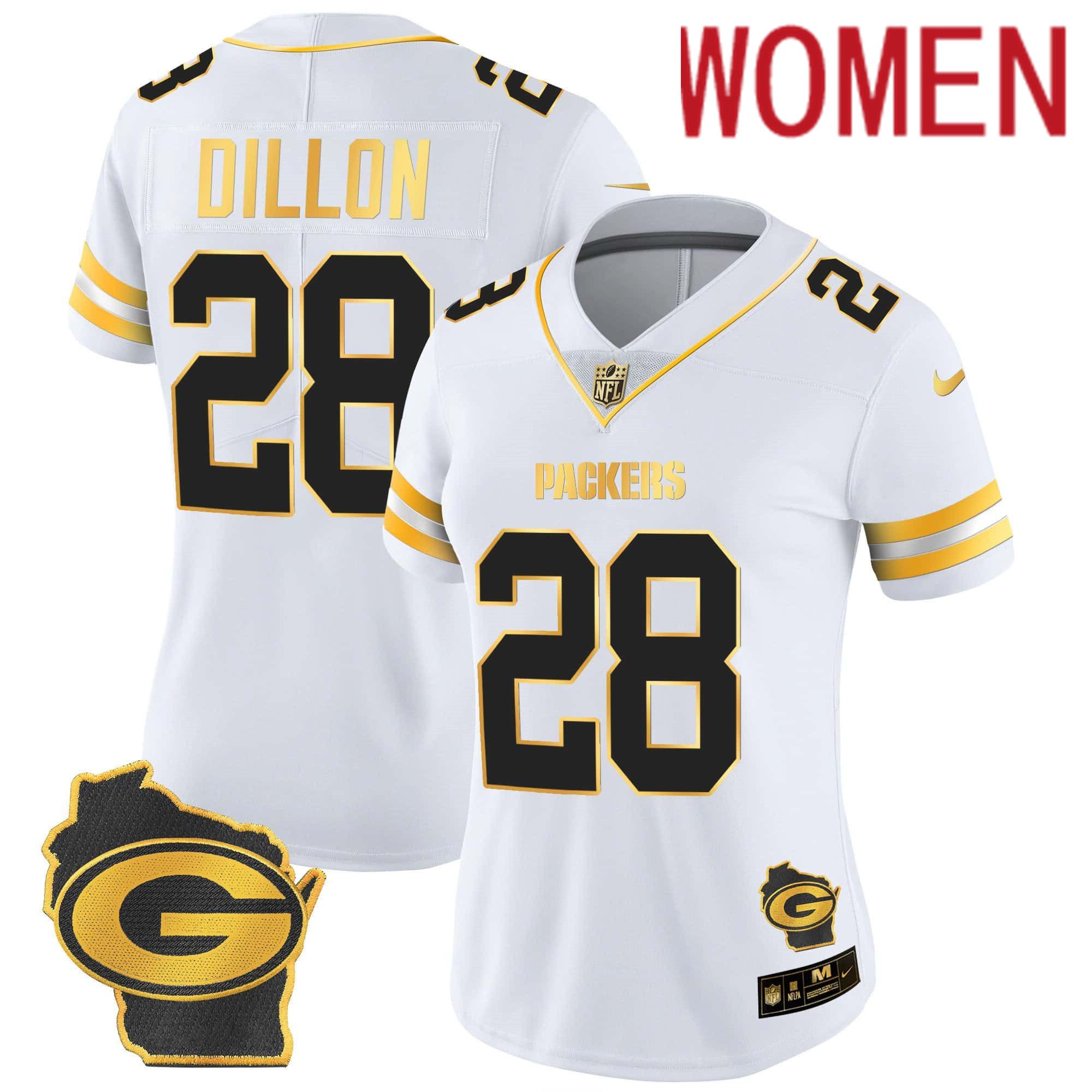 Women Green Bay Packers #28 Dillon White Gold 2024 Nike Home Patch Vapor NFL Jersey->women nfl jersey->Women Jersey